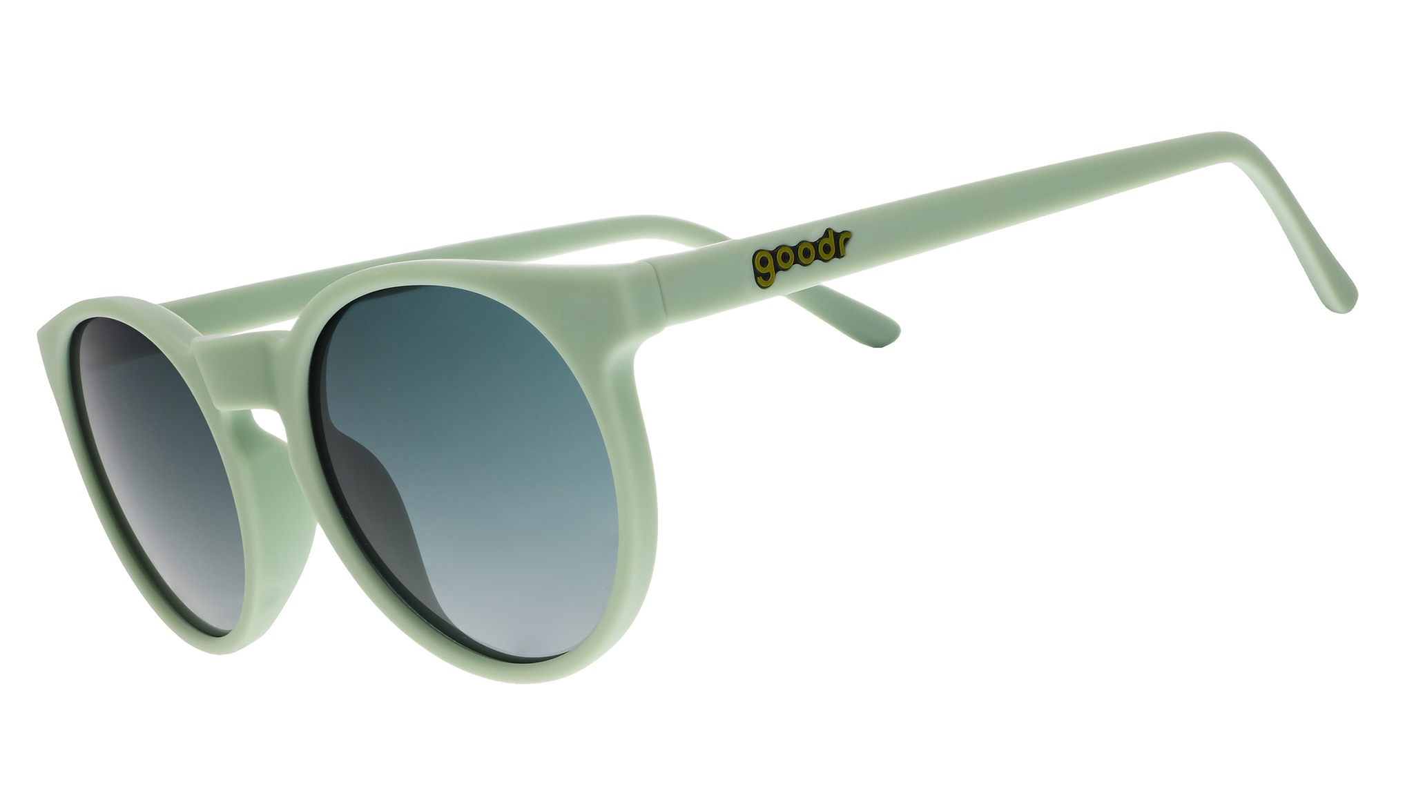 A pair of round sunglasses with mint green frames.