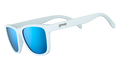 Three-quarter angle view of square-framed white sunglasses with blue reflective polarized lenses.