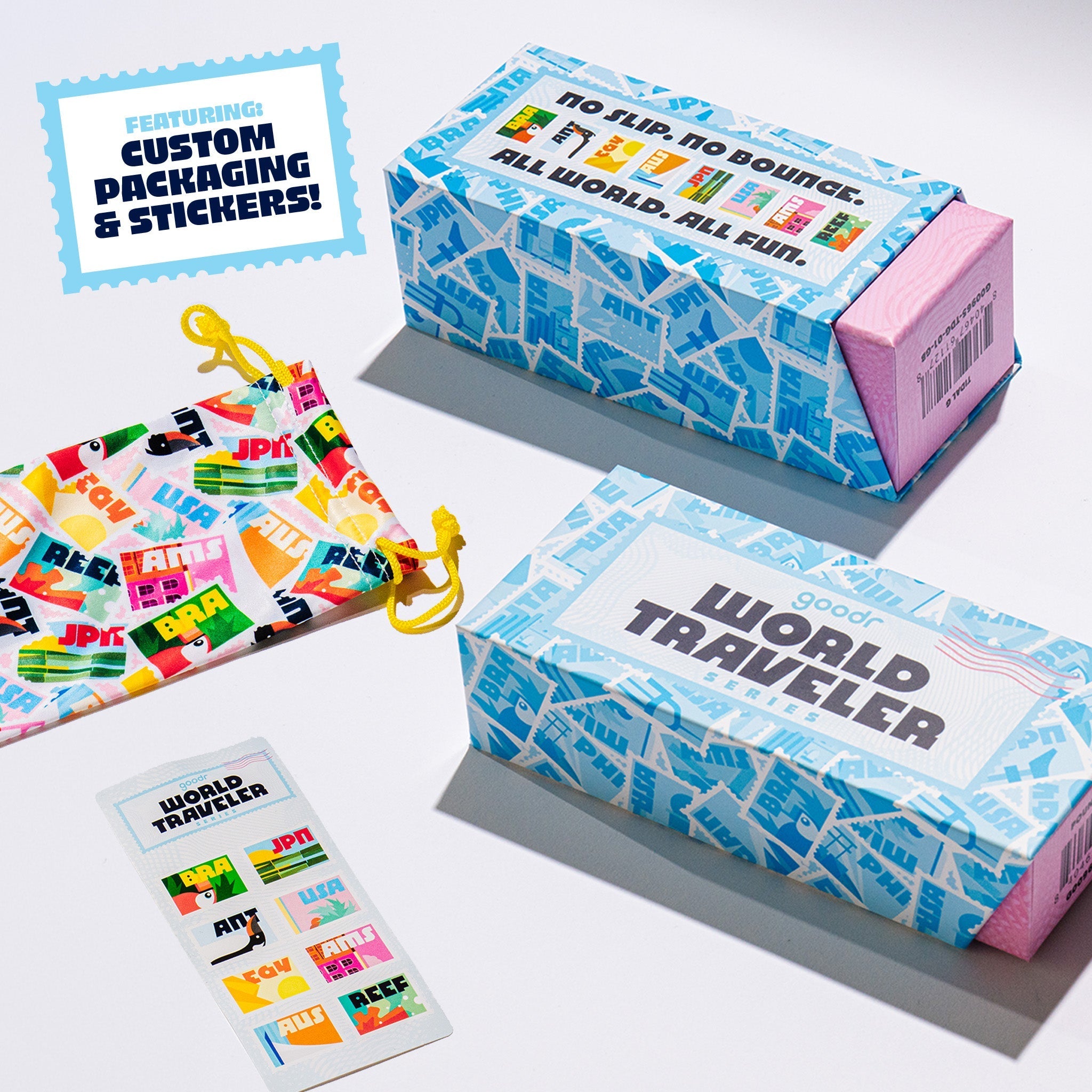 World Traveler packaging with custom travel stickers, destination graphics, and branded pouch.