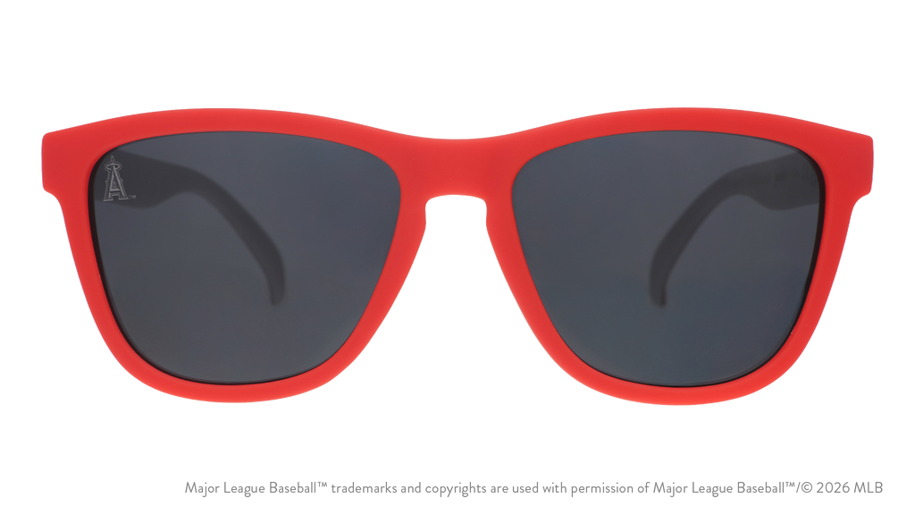 Front view of Angels sunglasses with a red faceplate and black non-reflective lens featuring a "halo A" lens etch.