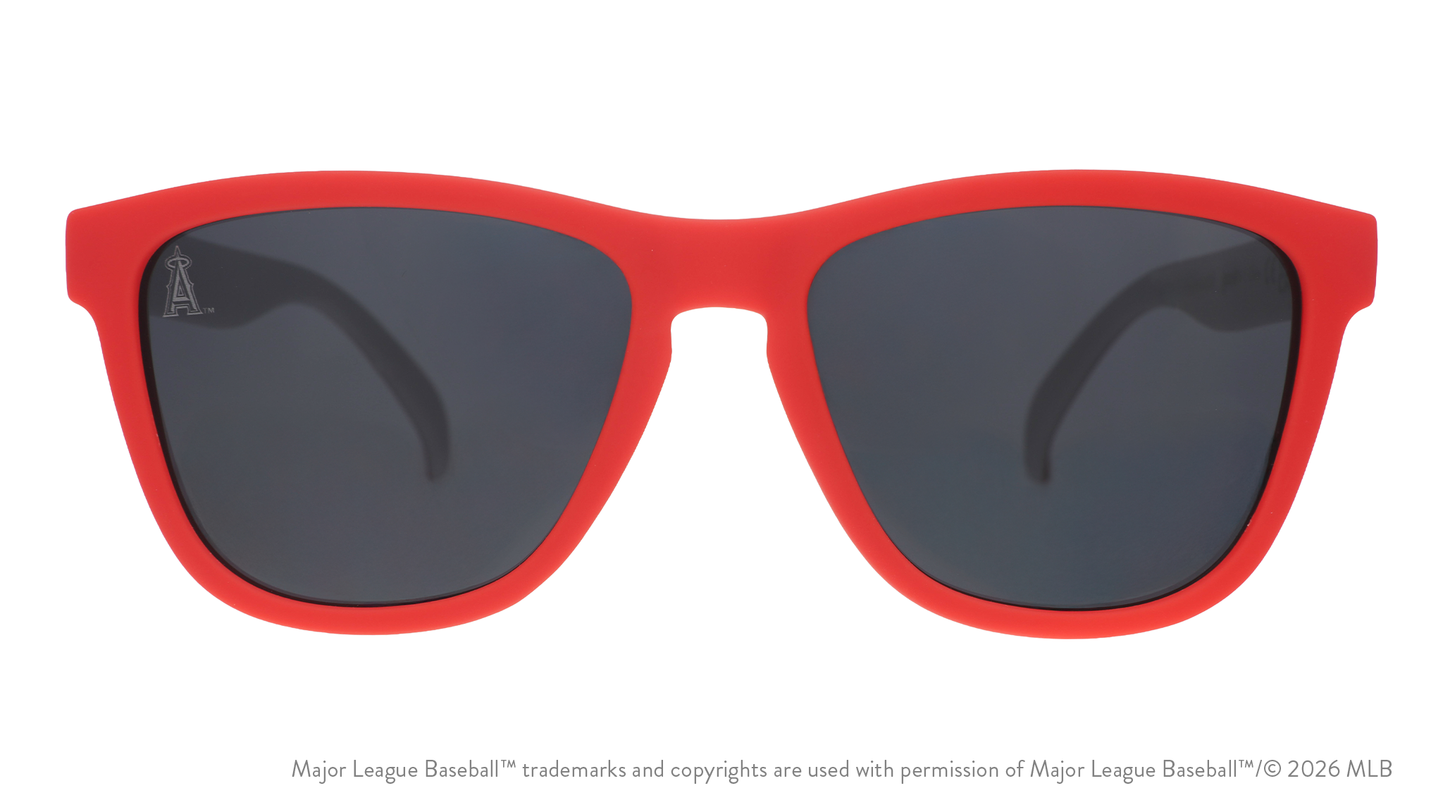 Front view of Angels sunglasses with a red faceplate and black non-reflective lens featuring a "halo A" lens etch.