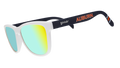 goodr sunglasses with blue, yellow & green lenses, white frames, and navy blue arms with the word "Auburn" written across in orange