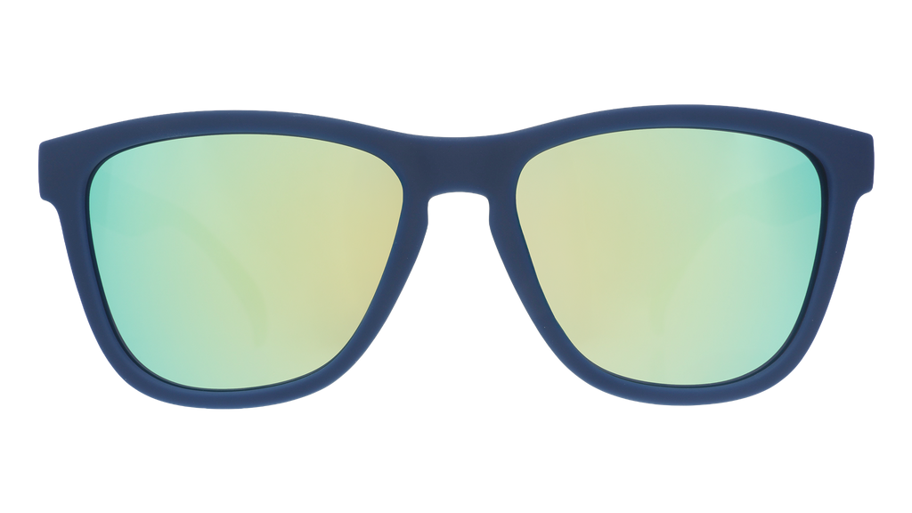Front view of navy sunglasses with blue reflective lenses.