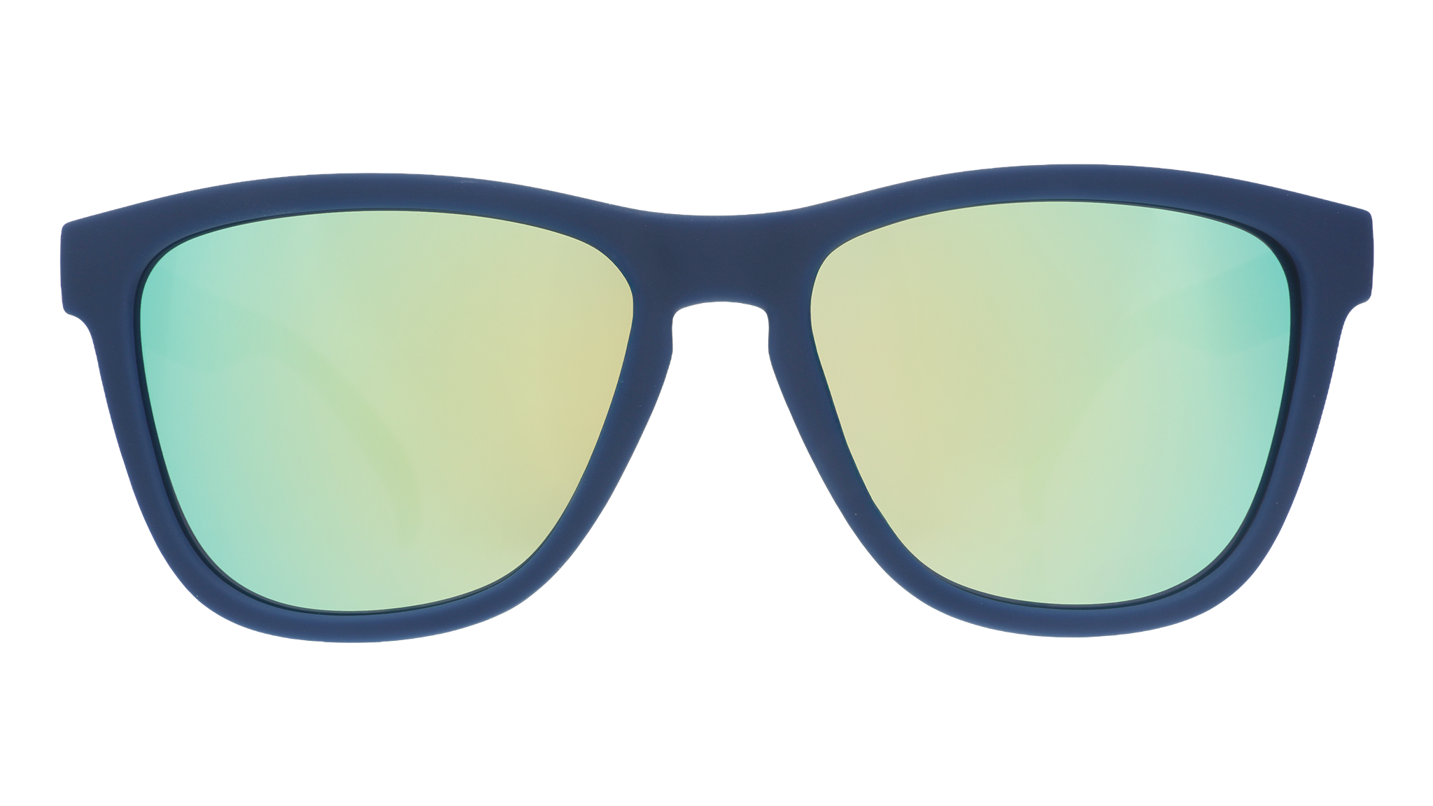 Front view of navy sunglasses with blue reflective lenses.