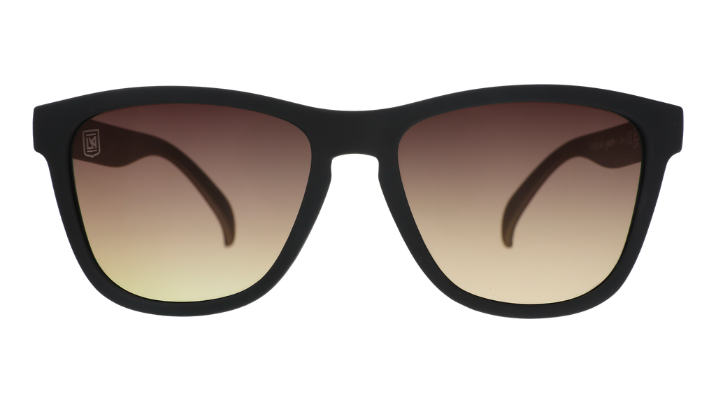 Front view of LAFC Major League Soccer sunglasses with black front frame and gray-yellow lenses.