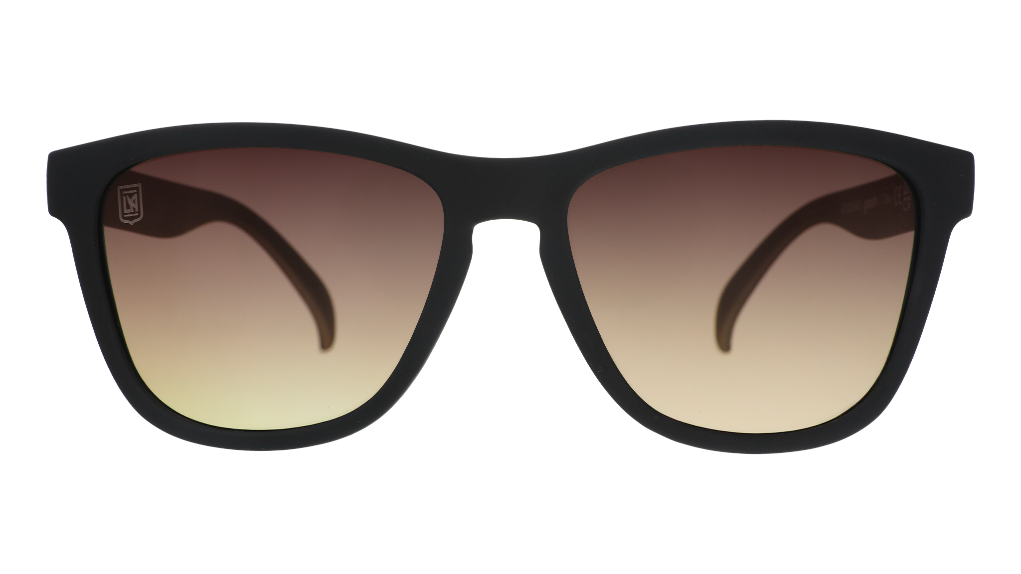 Front view of LAFC Major League Soccer sunglasses with black front frame and gray-yellow lenses.