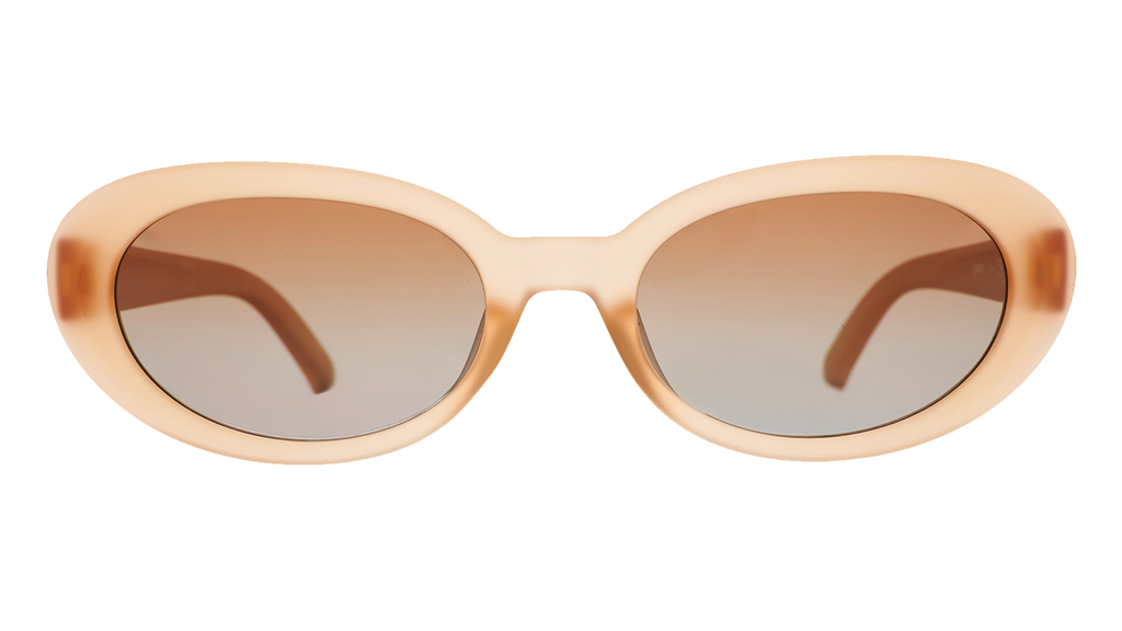 Front view of translucent pale peach oval Beat G sunglasses with orange-gold gradient lenses.