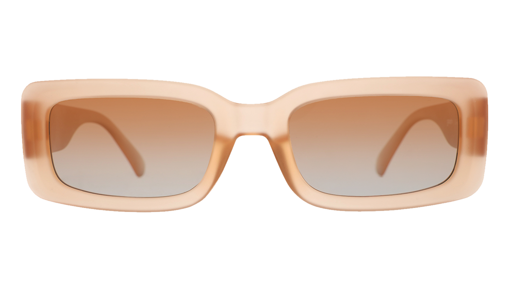 Front view of translucent peach rectangular Luxe G sunglasses with orange-gold gradient lenses.