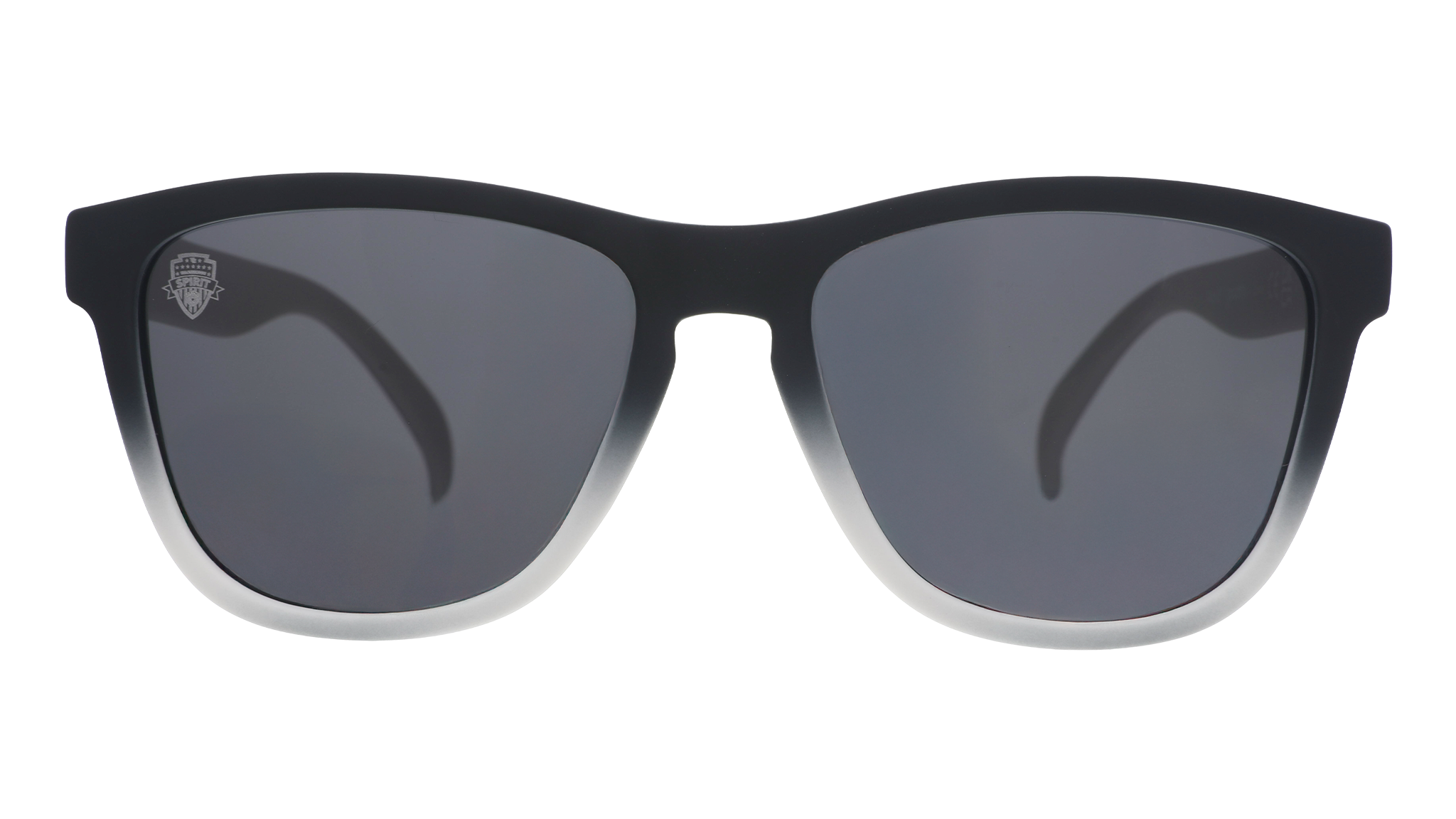 Front view of black and gray gradient sunglasses featuring black polarized lenses and the Washington Spirit crest etched into the right lens.