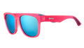 Three-quarter angle view of square-shaped, wide-fit pink sunglasses with blue reflective lenses.
