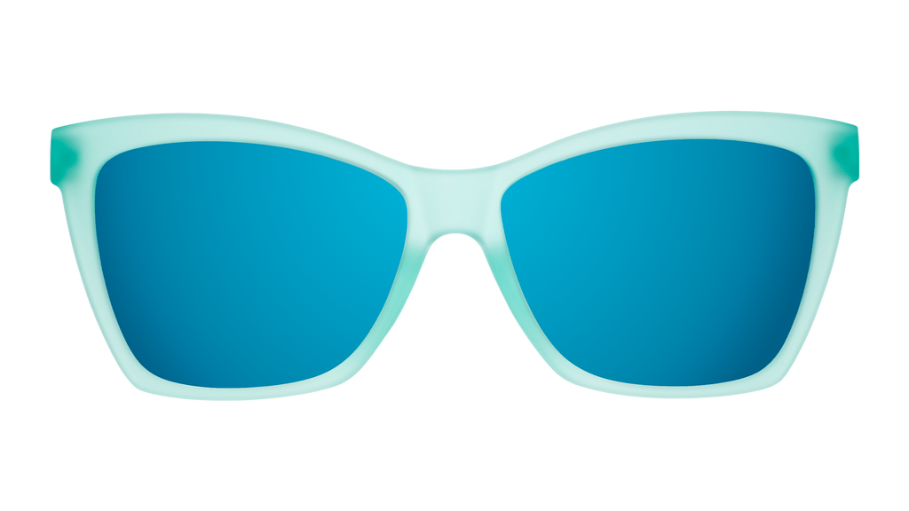 Front view of translucent teal angular sunglasses with reflective teal lenses.