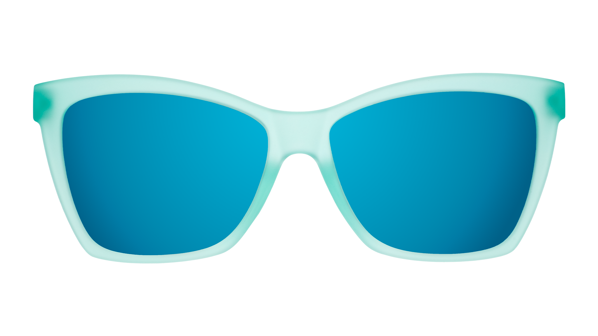 Front view of translucent teal angular sunglasses with reflective teal lenses.