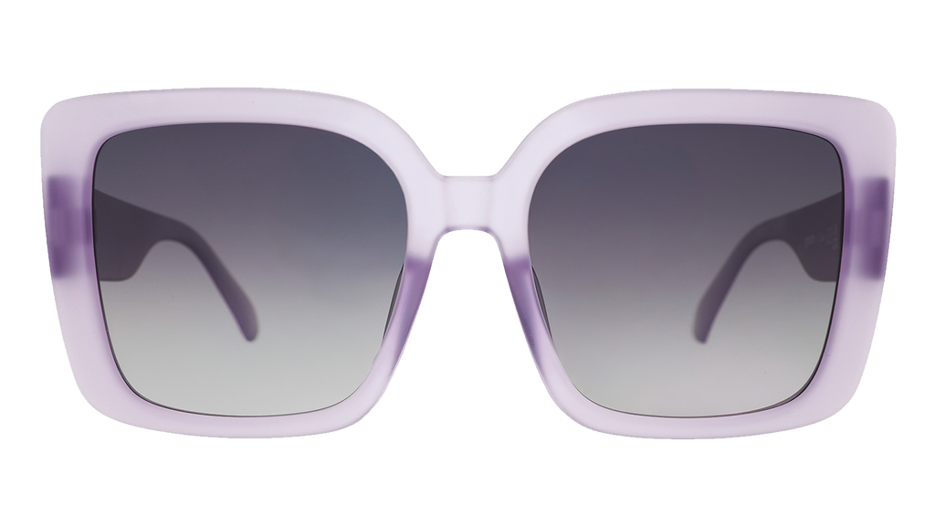 Front view of translucent pale purple oversized square Amp G sunnies with black gradient lenses.