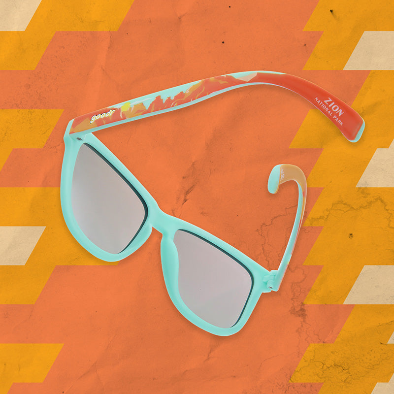 Zion National Park| Blue with orange canyon print frames | National Parks Foundation charity sunglasses | goodr OG sunglasses