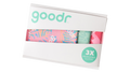 Front-facing view of a white box housing a pack of three tropical microfiber lens cloths in shades of pink and teal.