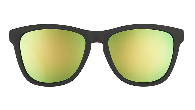 Front view of square-shaped black sunglasses with green mirrored lenses.