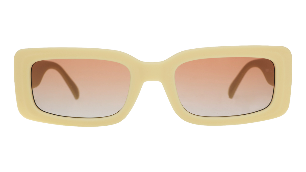 Front view of yellow rectangular sunglasses with brown-tinted polarized lenses against a white background.