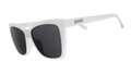Three-quarter angle view of white angled cat-eye sunglasses with non-reflective black lenses.