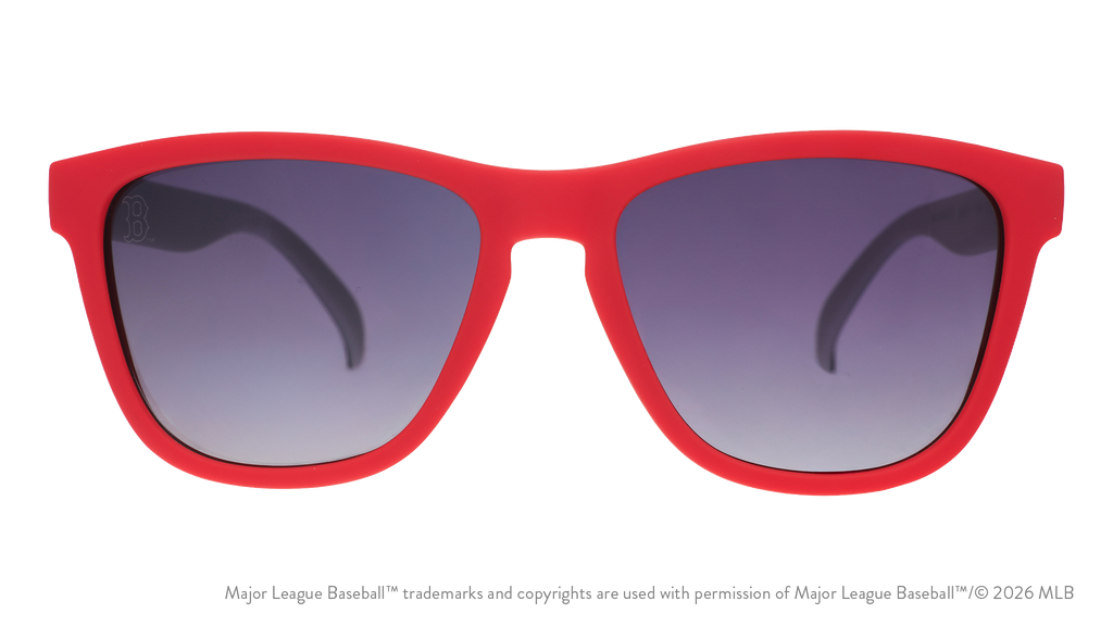 Front view of Red Sox sunglasses with a red faceplate and black gradient lenses featuring the Boston B etched on the lens.