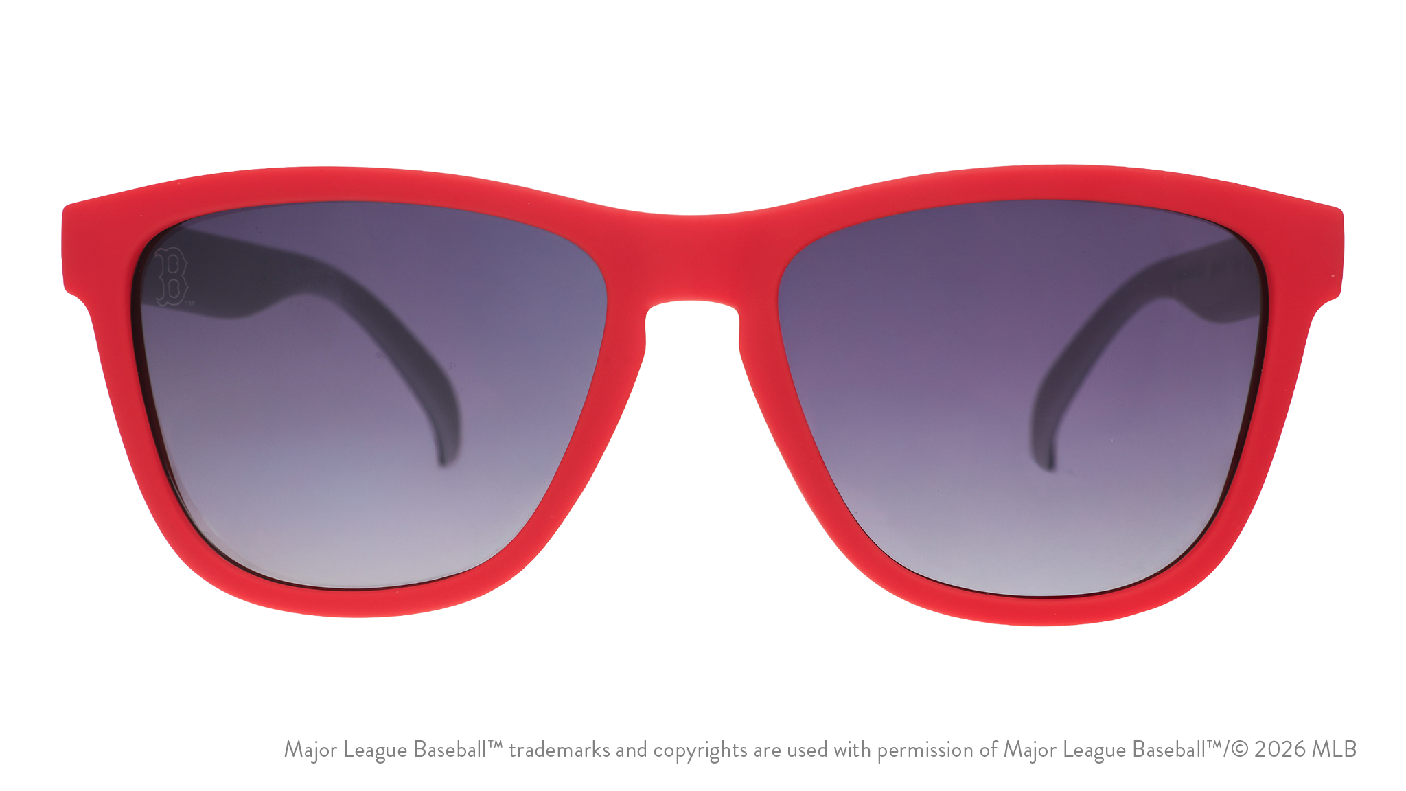 Front view of Red Sox sunglasses with a red faceplate and black gradient lenses featuring the Boston B etched on the lens.