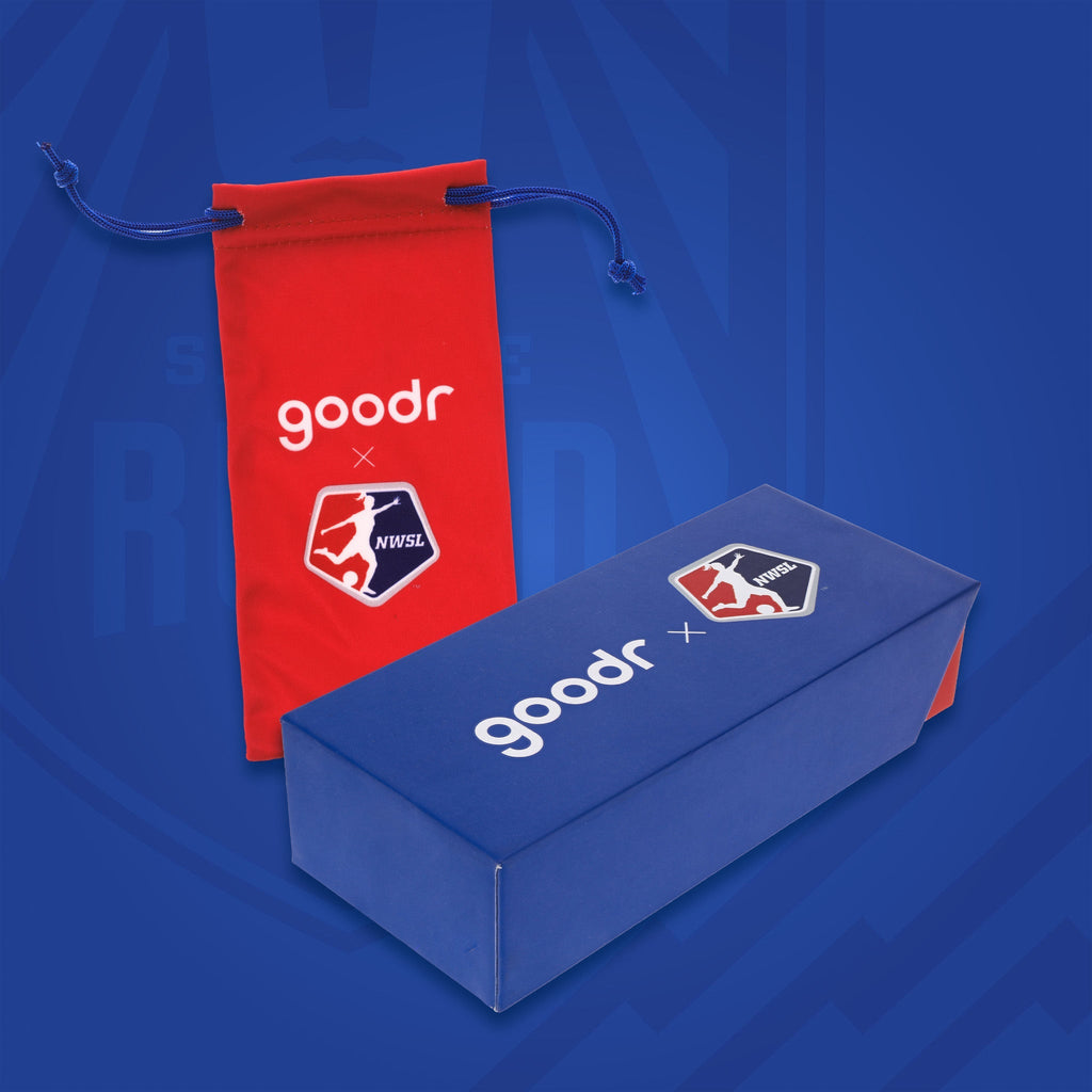 Red & blue custom NWSL (National Women's Soccer League) sunglasses packaging.