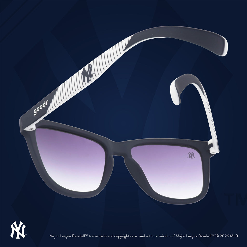 Blue and orange Mets shades floating against an orange background featuring the team's NY logo.