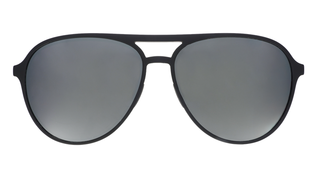 Front view of aviator sunglasses with black frames and chrome reflective lenses on a white background.