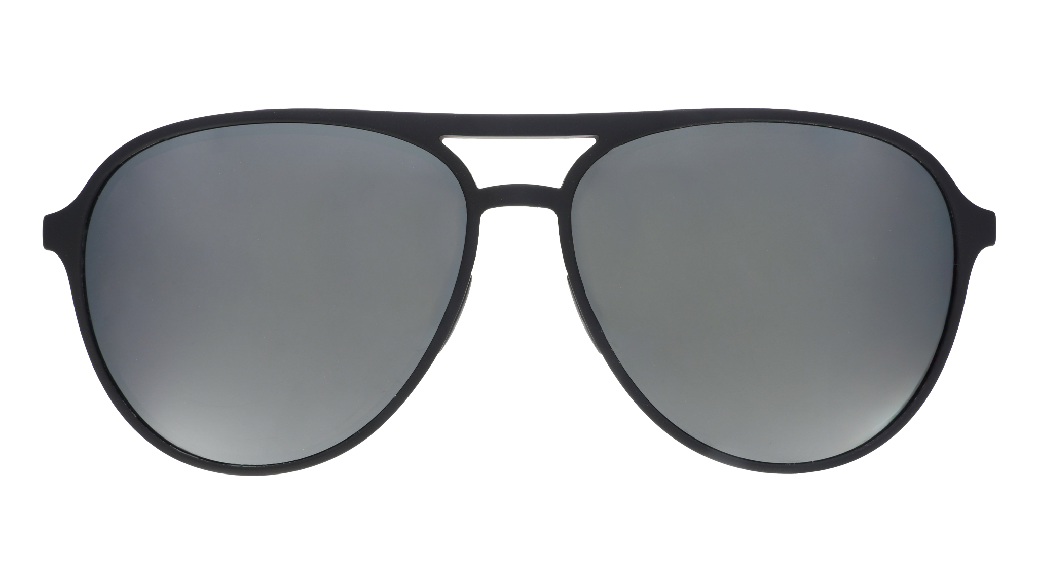 Front view of aviator sunglasses with black frames and chrome reflective lenses on a white background.