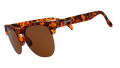 Three-quarter angle view of brown tortoiseshell half-rim sunglasses with brown non-reflective lenses.