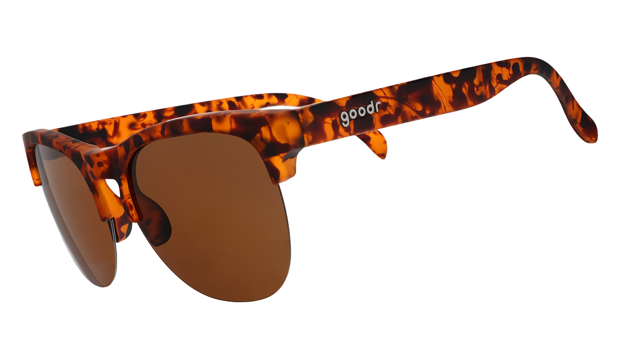 Three-quarter angle view of brown tortoiseshell half-rim sunglasses with brown non-reflective lenses.