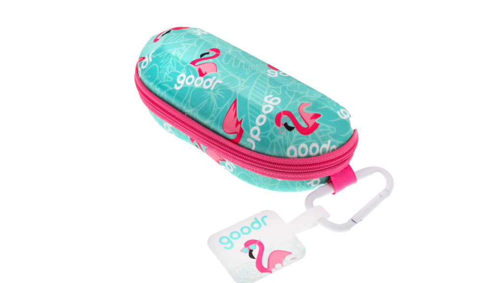 goodr sunglasses case, teal with pink flamingos and a hot pink zipper