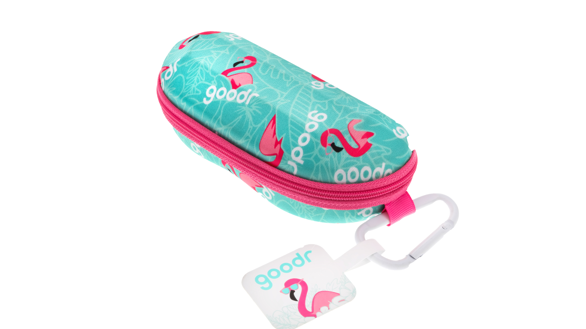 goodr sunglasses case, teal with pink flamingos and a hot pink zipper