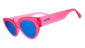 Three-quarter angle view of a pair of translucent hot pink modern cat-eye frames with dazzling blue reflective lenses.