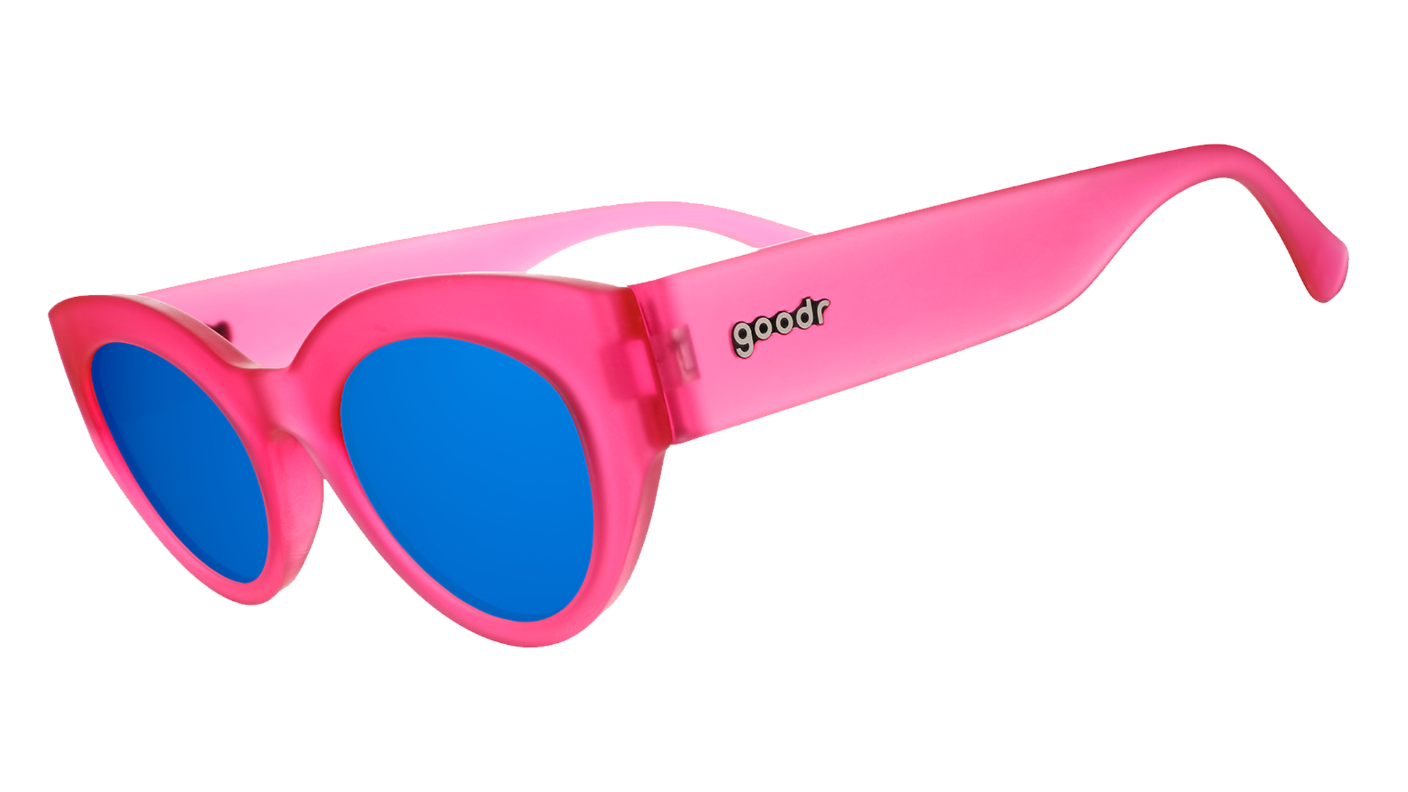 Three-quarter angle view of a pair of translucent hot pink modern cat-eye frames with dazzling blue reflective lenses.