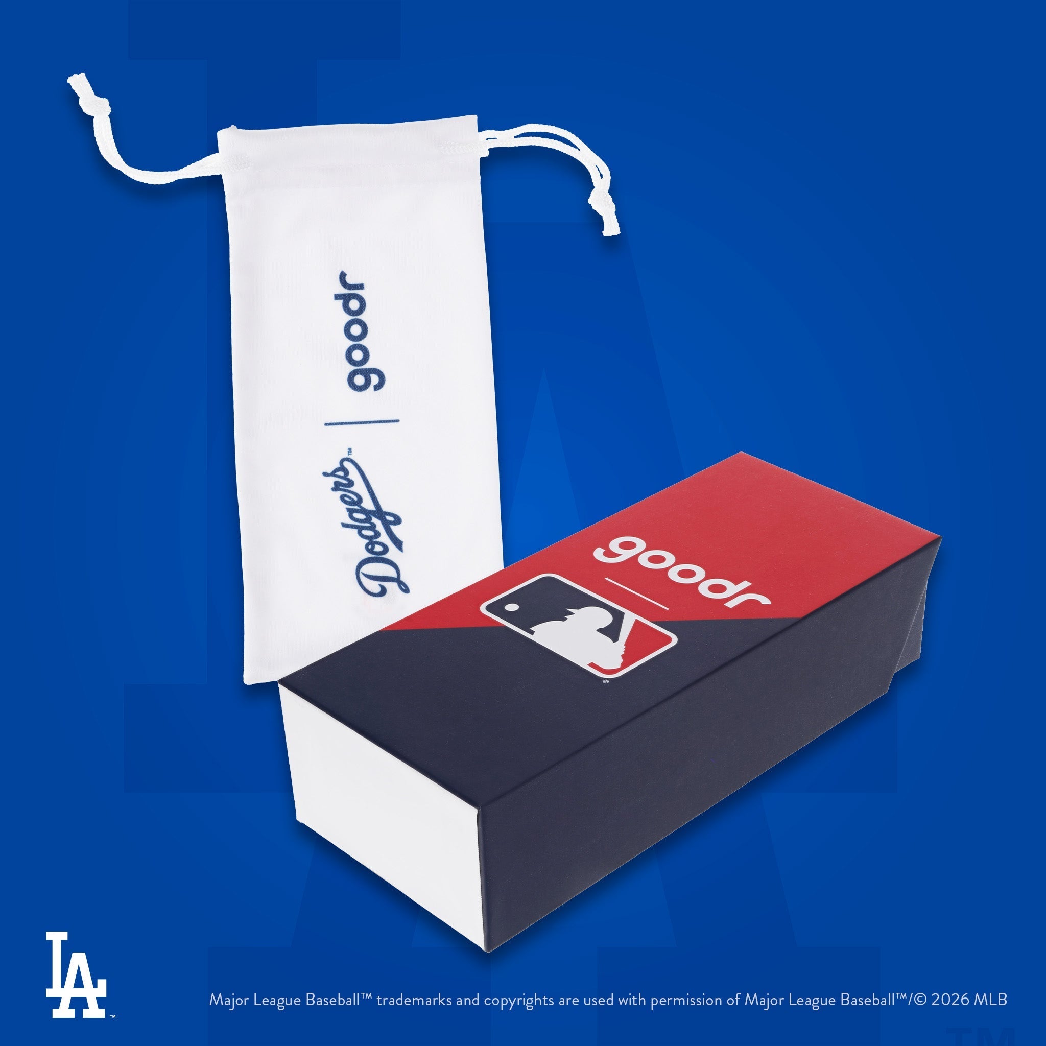 Photograph of custom packaging, featuring a microfiber bag with the iconic Dodgers logo and MLB-themed product box.