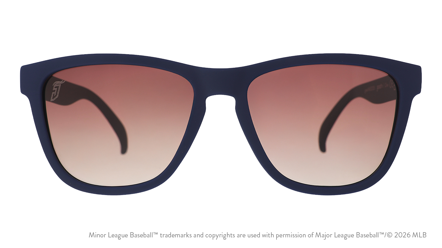 Front view of sunglasses. Blue front frame. Brown gradient lenses. Jumbo Shrimp logo etching in top corner of lens.