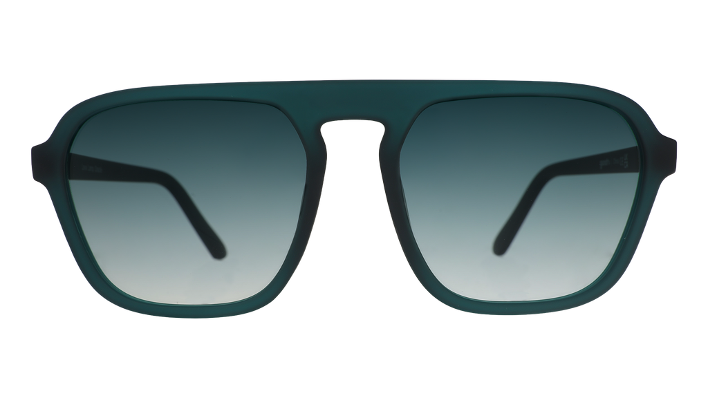 Front view of translucent teal Retro Gs with green gradient lenses.