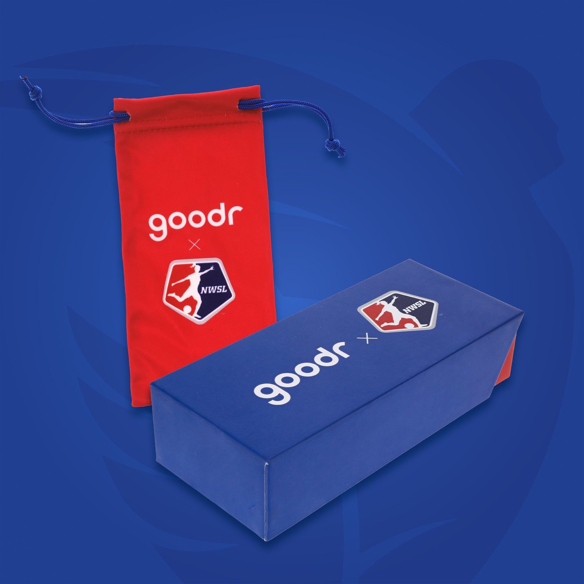 Red & blue custom NWSL (National Women's Soccer League) sunglasses packaging.