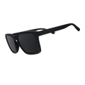 Three-quarter angle view of black sunglasses w/ a square silhouette & black nonreflective lenses tilted down.