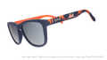 Three-quarter angle view of blue and orange Mets sunglasses featuring the script logo and a New York City skyline on the arm.
