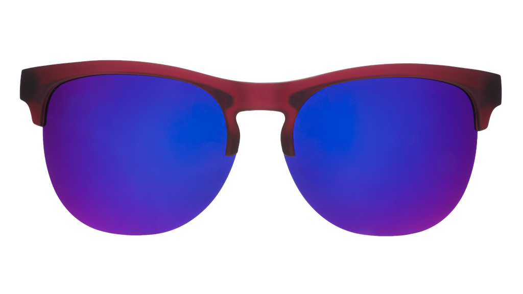 Front view of translucent purple half-rim sunglasses with purple reflective lenses.