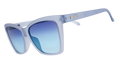 Three-quarter angle view of translucent pale blue Pop Gs with blue gradient lenses.