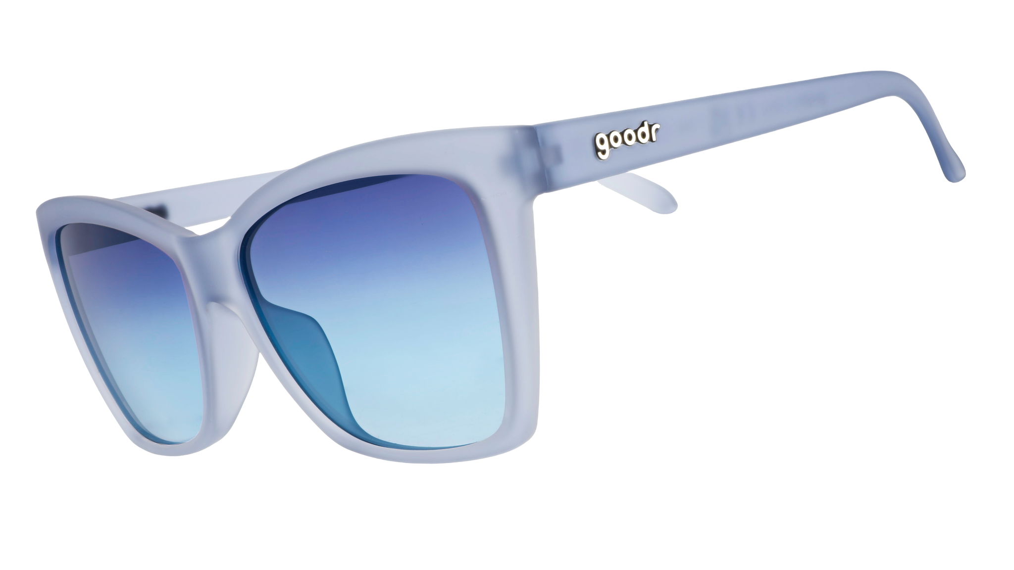 Three-quarter angle view of translucent pale blue Pop Gs with blue gradient lenses.