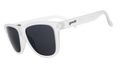 Three-quarter view of a pair of clear sunglasses with black non-reflective lenses in a classic frame shape.