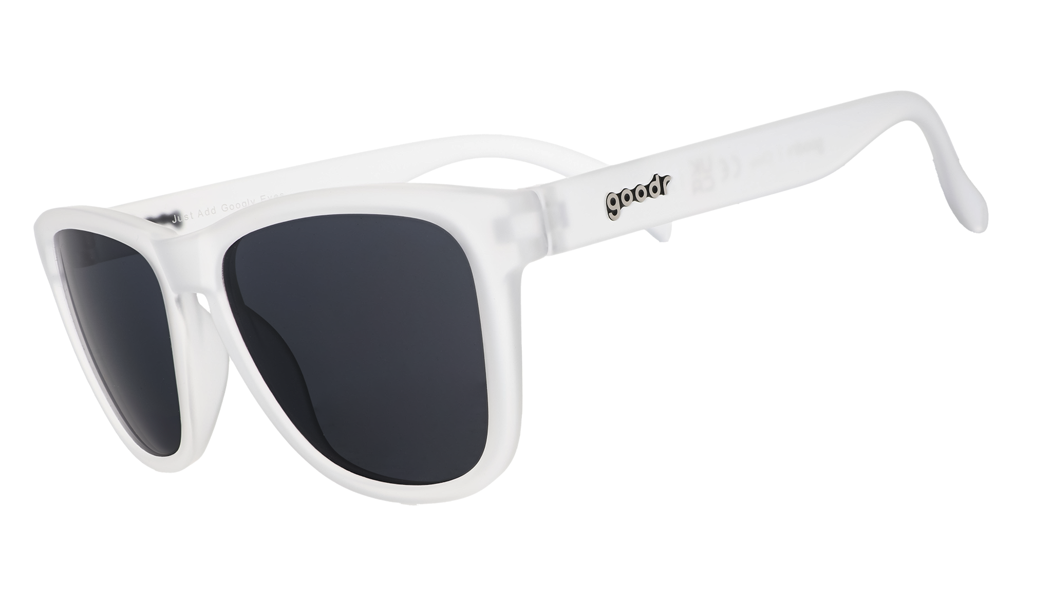 Three-quarter view of a pair of clear sunglasses with black non-reflective lenses in a classic frame shape.