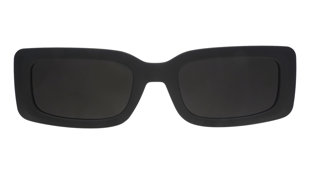 Front view of black rectangular sunglasses with black polarized lenses against a white background.