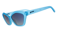 Three-quarter angle view of translucent blue geometric cat-eye Deco G sunnies with blue gradient lenses.