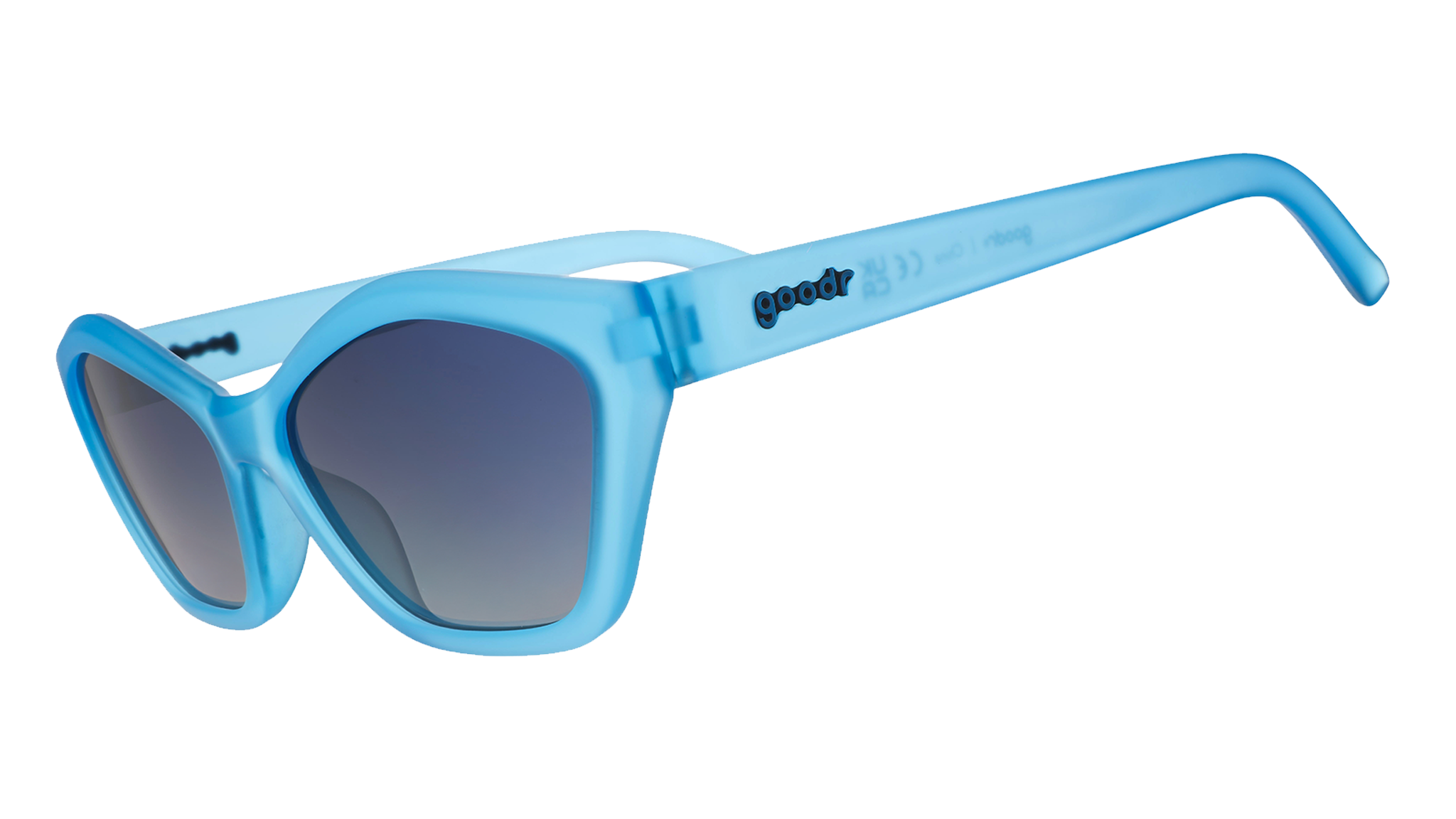 Three-quarter angle view of translucent blue geometric cat-eye Deco G sunnies with blue gradient lenses.
