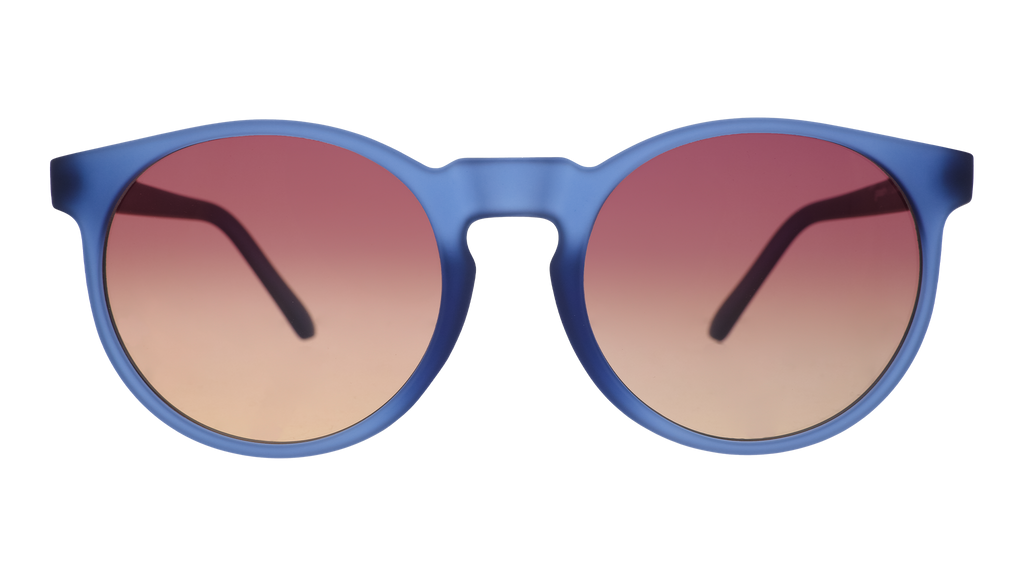Front view of dark blue circular sunglasses with purple-yellow ocean lenses.
