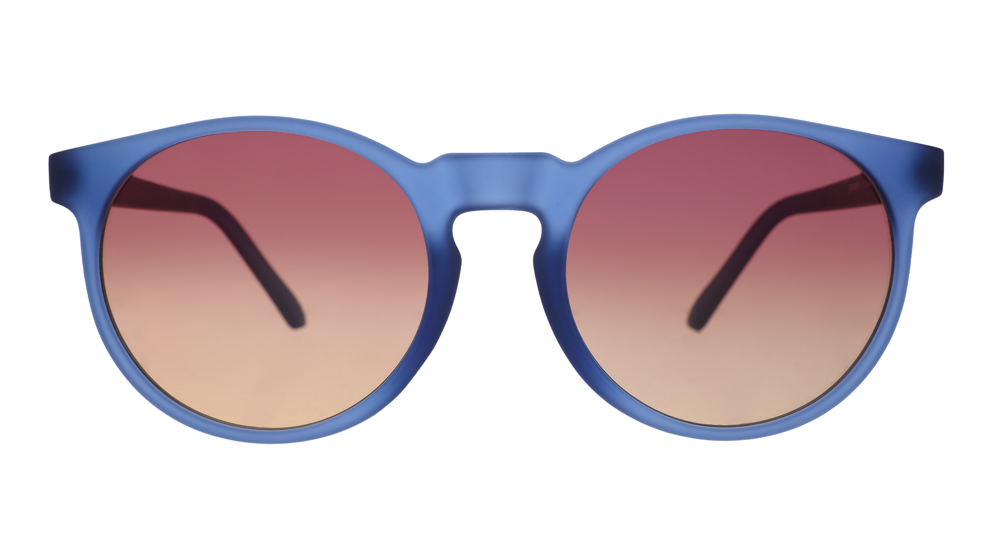 Front view of dark blue circular sunglasses with purple-yellow ocean lenses.
